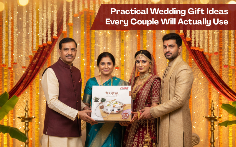Indian wedding couple with family holding Vinod stainless steel cookware gift set on festive wedding stage.