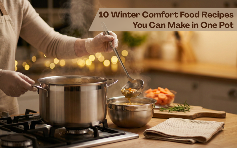 Hands ladling steaming winter soup from a stainless steel sauce pot into a stainless steel bowl in a warm, cozy evening kitchen.