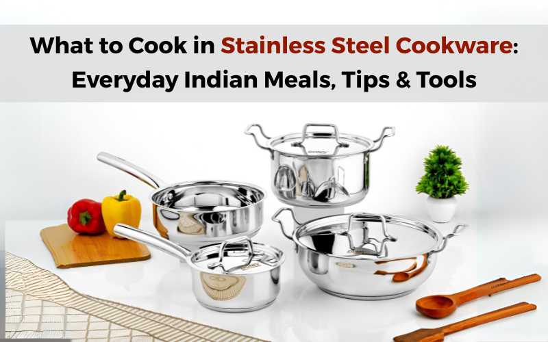 Vinod stainless steel cookware set with fry pan, kadhai, and stock pot for everyday Indian cooking