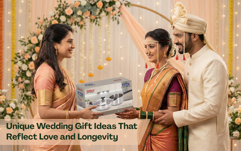 Unique wedding gifts idea DONIV Solitaire steel cookware gift presented to newlywed Maharashtrian couple at wedding ceremony.