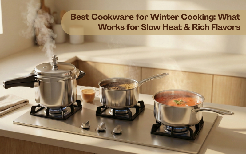 Minimalist winter kitchen banner showing a 3-burner gas stove with premium stainless steel pressure cooker, saucepan of simmering chai, and sauce pot of soup, with warm steam rising.