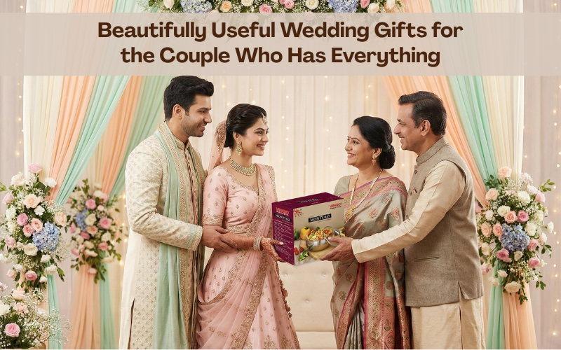 Engaged couple on pastel wedding stage receiving Vinod Montero insulated casserole gift box from elder couple – beautifully useful wedding gifts for couple.