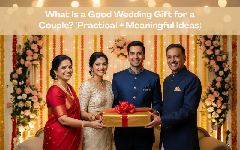 Indian married couple receiving a large golden wedding gift box from an older Indian couple, with festive marigold and floral décor in the background, blog banner for ‘What Is a Good Wedding Gift for a Couple.