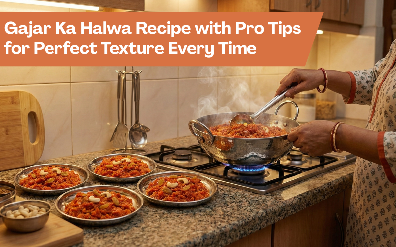 Gajar ka halwa prepared in Vinod stainless steel triply kadai with halwa plated in steel dishes in Indian kitchen.