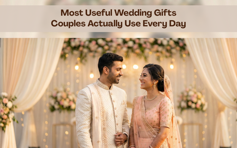 Indian wedding couple smiling at each other on decorated wedding stage, representing useful wedding gifts couples use daily