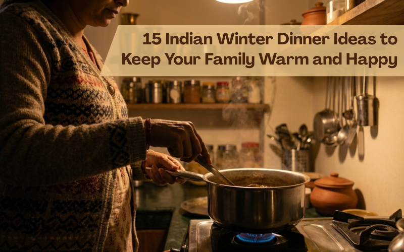 Indian woman cooking winter dinner on gas stove, stirring gravy in saucepot under warm yellow kitchen lights