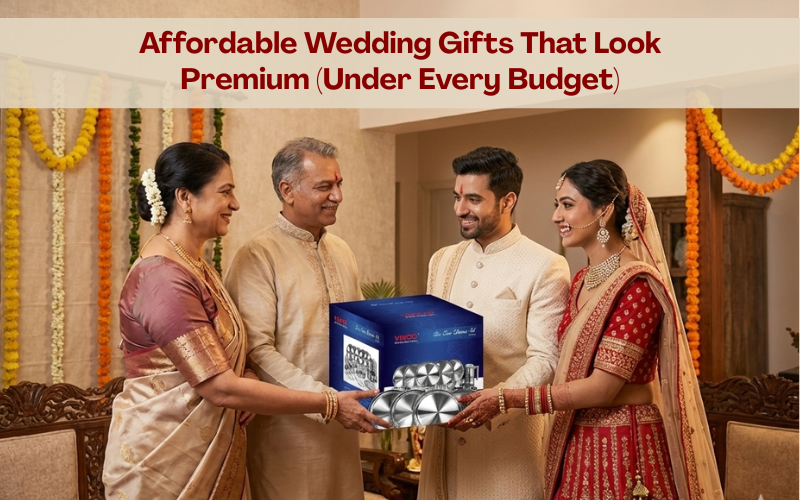 Affordable wedding gifts that look premium – Indian couple receiving stainless steel dinner set gift 
