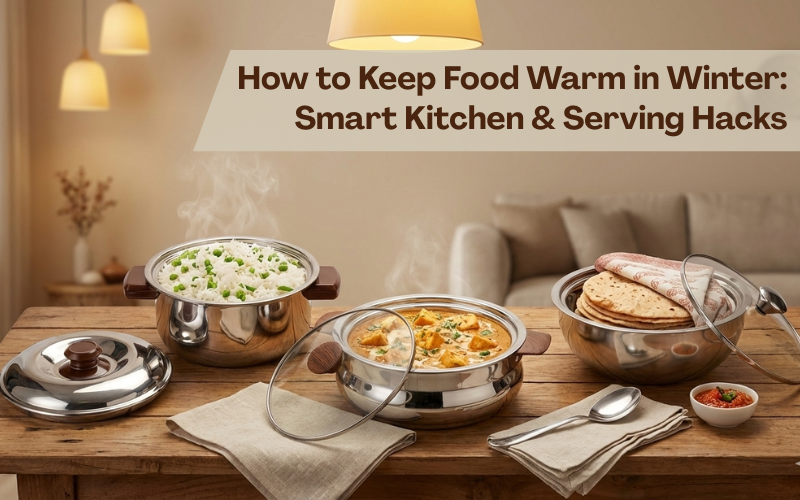 Warm winter dining table with insulated stainless steel casseroles serving hot pulao, paneer gravy, and chapatis in a cozy Indian home setting.