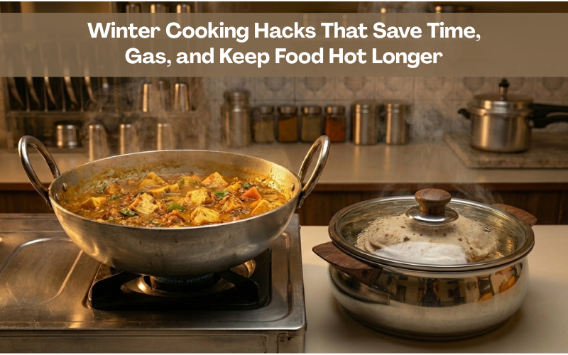 Winter cooking hacks featuring retain heat cookware, a stainless steel kadai with hot Indian meal cooking and an insulated hot casserole keeping rotis warm in an authentic Indian kitchen.