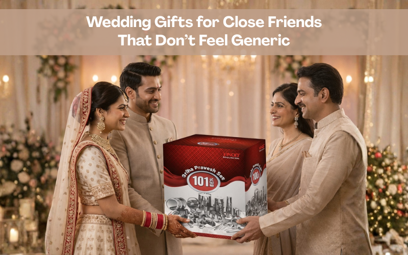 Wedding gifts for close friends featuring Vinod Stainless Steel cookware gift set being exchanged at an Indian wedding.