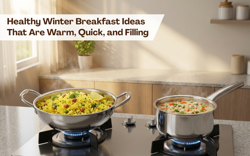 Healthy winter breakfast ideas featuring vegetable poha in a stainless steel kadhai and veggie masala oats simmering in a saucepan in a warm Indian kitchen