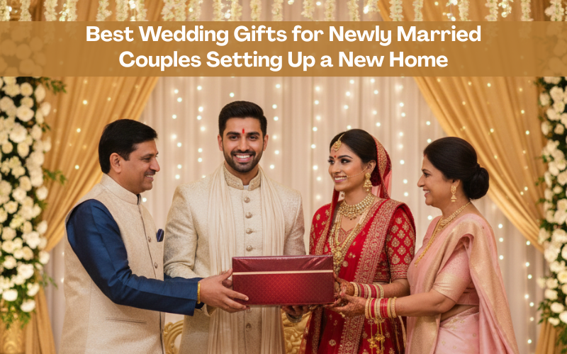 Indian parents presenting a stainless steel wedding gift box to a newly married couple on a traditional wedding stage