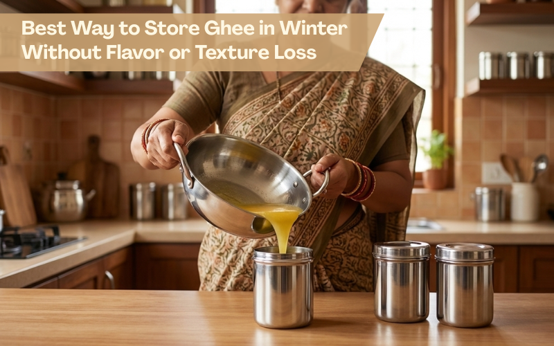 Indian woman storing fresh ghee in stainless steel deep dabba in a traditional kitchen during winter