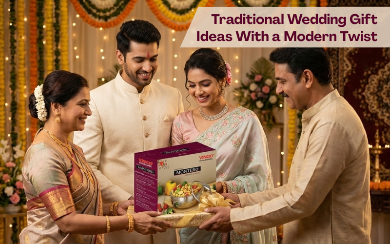Traditional wedding gift ideas with a modern twist, featuring a newly married couple receiving a Vinod Steel stainless steel cookware gift from family in a festive Indian wedding setting