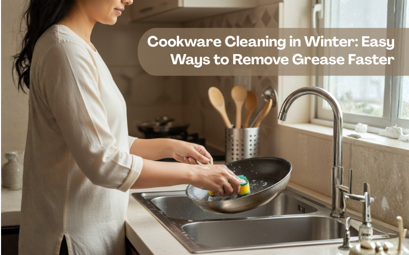 Indian woman cleaning a stainless steel frypan at a kitchen sink during winter, showing easy cookware cleaning and grease removal. 
