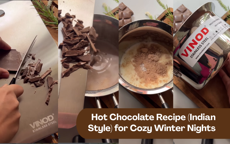 Indian-style hot chocolate being prepared in a stainless steel milk boiling saucepan with chopped chocolate, cocoa powder, and a steaming cup for cozy winter nights.