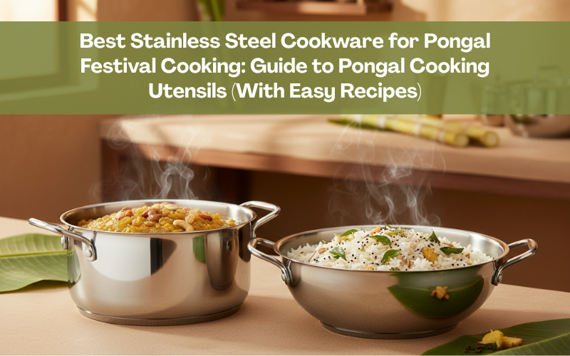 Stainless steel pongal cooking utensils showing sweet pongal in a sauce pot and ven pongal in a kadai in a traditional Tamil kitchen with sugarcane.