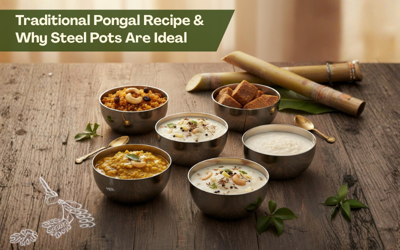 Traditional Pongal served in stainless steel bowls with sakkarai pongal, ven pongal and paal pongal on a wooden table with sugarcane.