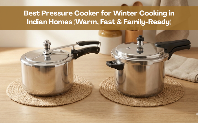 Inner lid and outer lid stainless steel pressure cookers on jute mats, ideal for winter cooking in Indian homes