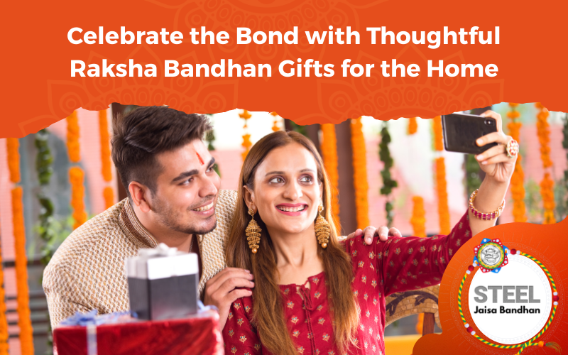 Brother and sister taking a Raksha Bandhan selfie with home gift boxes, celebrating Steel Jaisa Bandhan by Vinod Stainless Steel