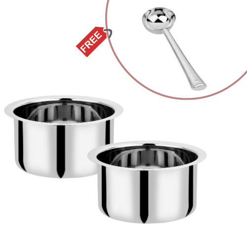 Vinod Stainless Steel Induction Friendly Flat Bottom Tope Without Lid – Combo Set – 2.4 Ltr &#038; 3.2 ltr – No 13 &#038; 14