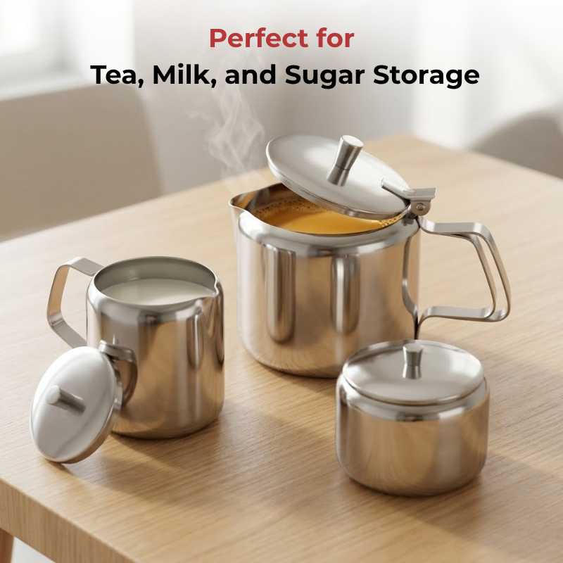 Vinod stainless steel 3 piece jumbo tea set, 1400 ml tea pot with 250 ml milk and sugar pots, product view 12