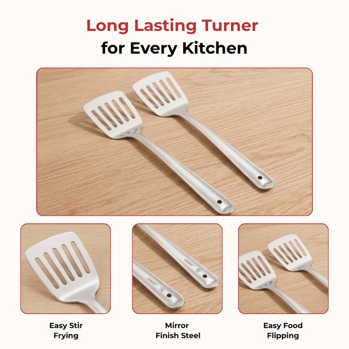VINOD Stainless Steel Basting Slotted Turner / Cooking Palta Set of 2 - 36 cm, High Quality Stainless Steel, Rust Free, Dishwasher Safe - No. 6