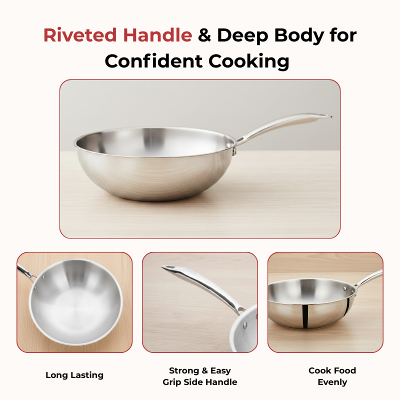 VINOD Doniv Titanium Triply Stainless Steel Wok 26 cms, Capacity 3.30 Liter