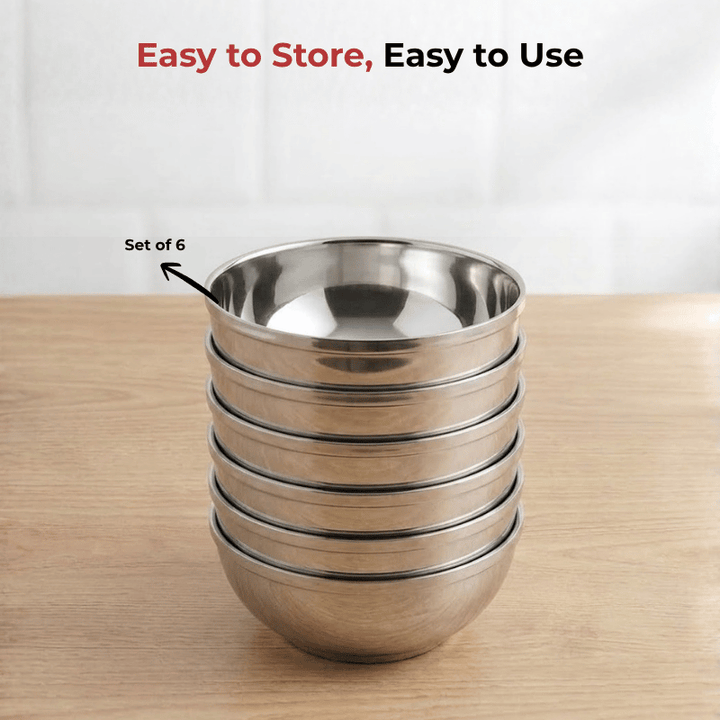 VINOD Stainless Steel Maharaja Bowl Set of 6 Pieces - 200 ml, Highest Grade Steel, Heavy and Strong, Easy to Clean and Rust Free