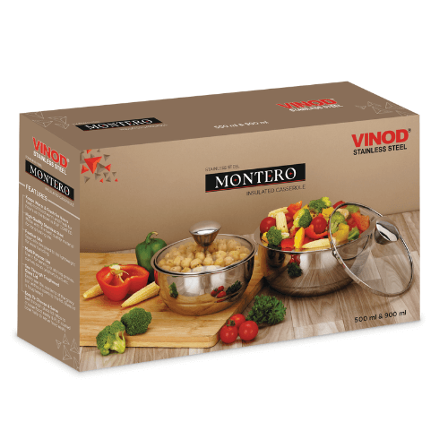 VINOD Stainless Steel Montero Insulated Casserole with Glass Lid & Steel Knob – Set of 2 Pcs – 500 ml &#038; 900 ml
