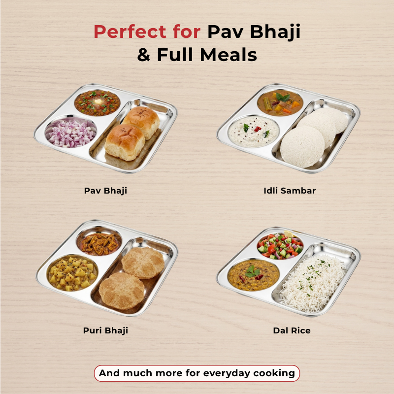 VINOD Stainless Steel 3 In 1 Compartment Plate with Round Edges, Pav Bhaji Plate, Idli Sambhar Plate, Lunch / Dinner Plate [Pack of 2]