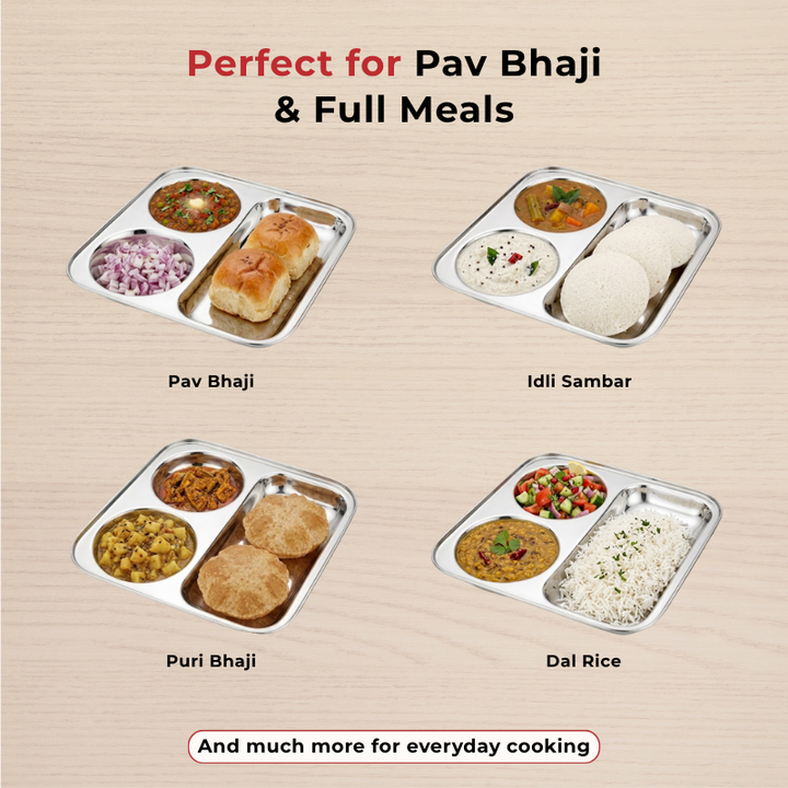 VINOD Stainless Steel 3 In 1 Compartment Plate with Round Edges, Pav Bhaji Plate, Idli Sambhar Plate, Lunch / Dinner Plate [Pack of 2]