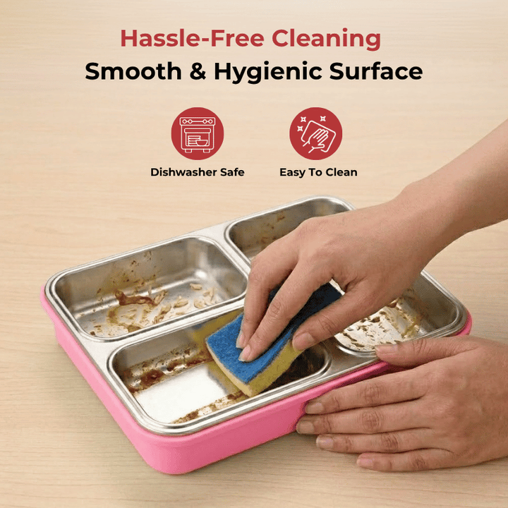 VINOD Stainless Steel Tiffin 3 Compartment Pink, Airtight Silicone-Sealed Lid, Insulated, Food-Grade Steel, Secure Side Clips