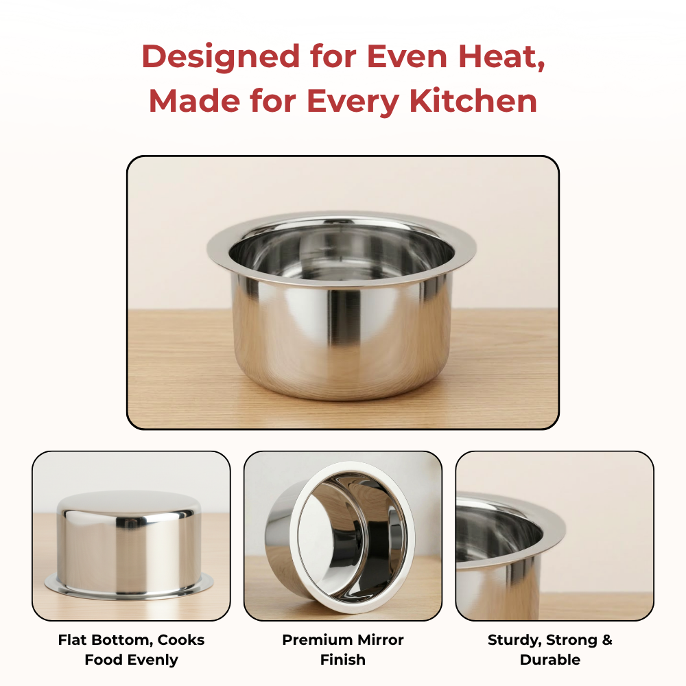 Vinod Stainless Steel Induction Friendly Flat Bottom Cooking Tope With 1.5mm Thickness | 18 Gauge Durable Steel  3 Pcs | Capacity 1400ml, 1800ml and 2300ml | No 11 to 13