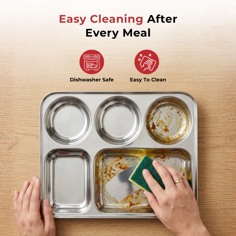 VINOD Stainless Steel 5 Compartment Plate with Round Edges, Lunch & Dinner Plate, Bhojan Thali, High Quality Steel, Rust Free [Pack of 2]