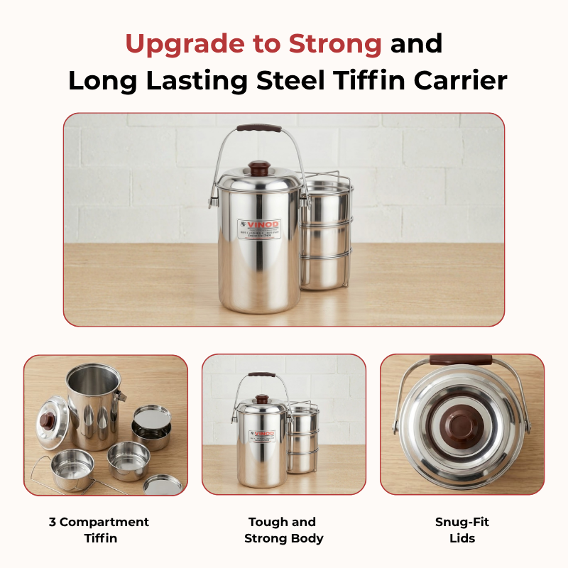 Vinod Stainless Steel Deluxe Hot Tiffin with 3 Compartment, triply bonded base detail