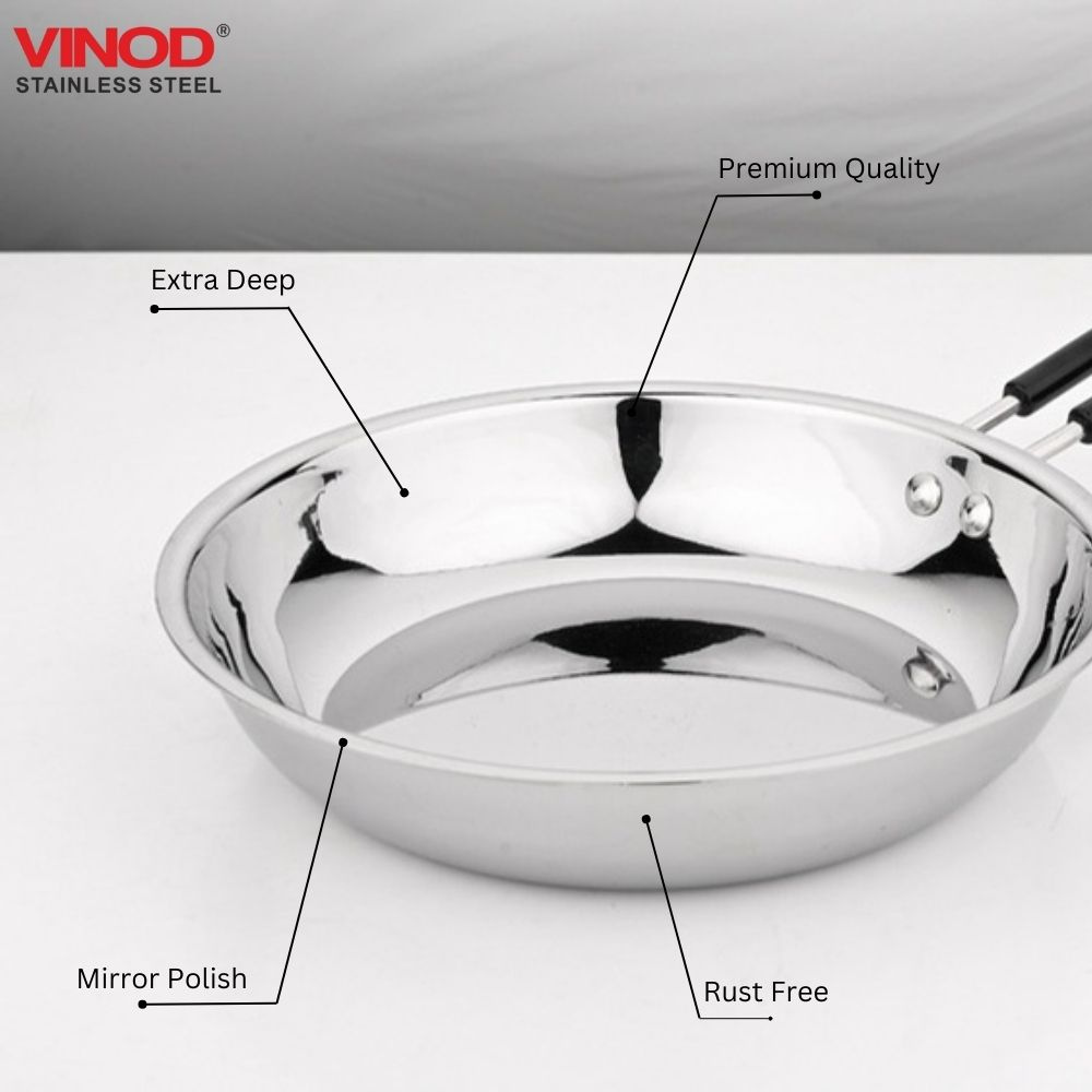 Vinod Stainless Steel Heavy Bottom Royal Fry Pan Dishwasher Safe, Gas Stove & Induction Compatible, Durable, 20 Cm Frying Pan, Soft Touch Handle, Kitchen Utensil