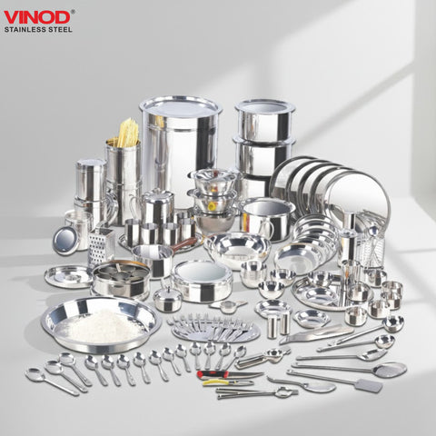 Vinod 114 Pieces Griha Pravesh Kitchen Set Ideal Gift Choice for Anniversaries, front view