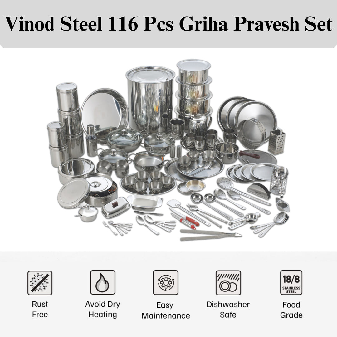 विनोद स्टेनलेस स्टील 116 पीसी। डीलक्स गृह प्रवेश सेट