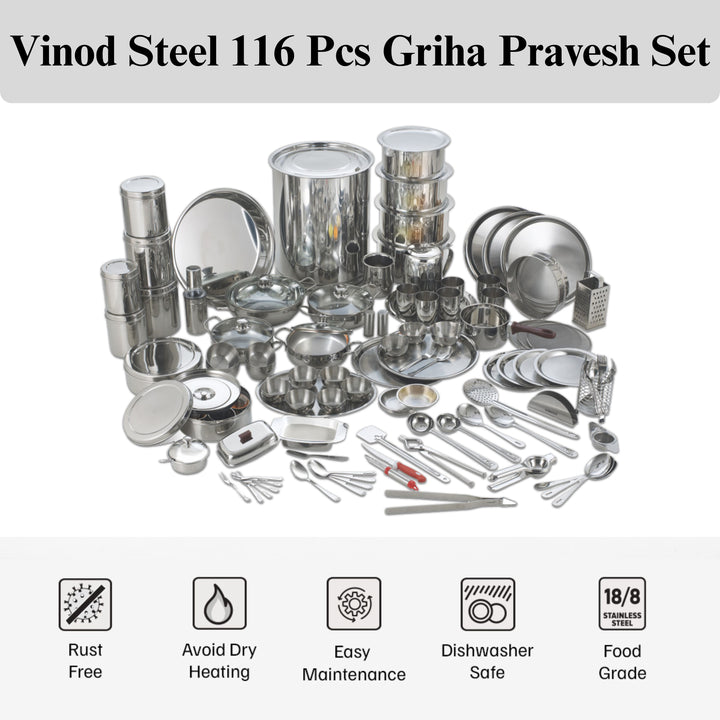 विनोद स्टेनलेस स्टील 116 पीसी। डीलक्स गृह प्रवेश सेट