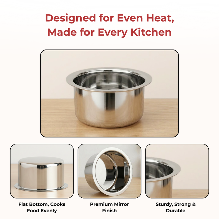 Vinod Stainless Steel Induction Friendly Flat Bottom Cooking Tope With 1.5mm Thickness | 18 Gauge Durable Steel  4 Pcs | Capacity 350ml, 500ml and 750ml  | No 7 to 10