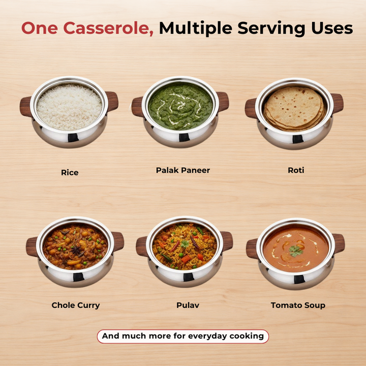 VINOD Stainless Steel Aroma Insulated Casserole with Glass Lid & Wooden Knob | Capacity 750 ml