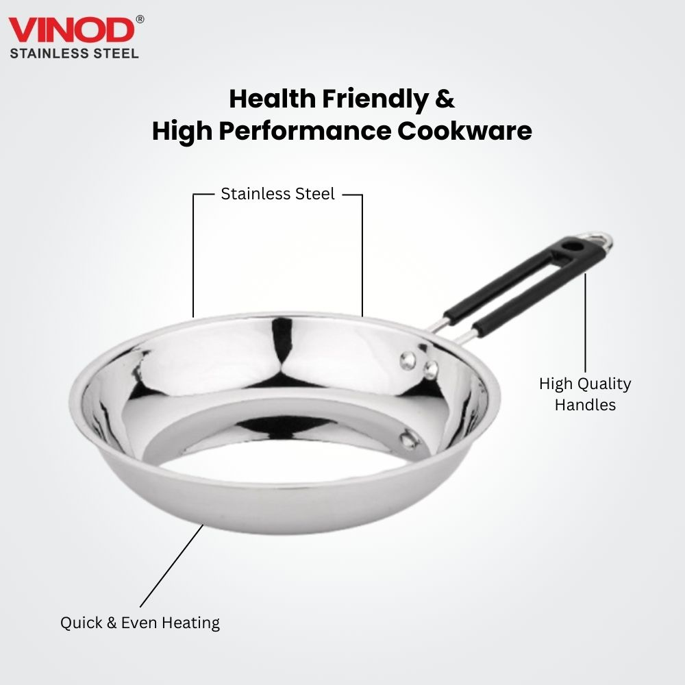 Vinod Stainless Steel Heavy Bottom Royal Fry Pan Dishwasher Safe, Gas Stove & Induction Compatible, Durable, 20 Cm Frying Pan, Soft Touch Handle, Kitchen Utensil