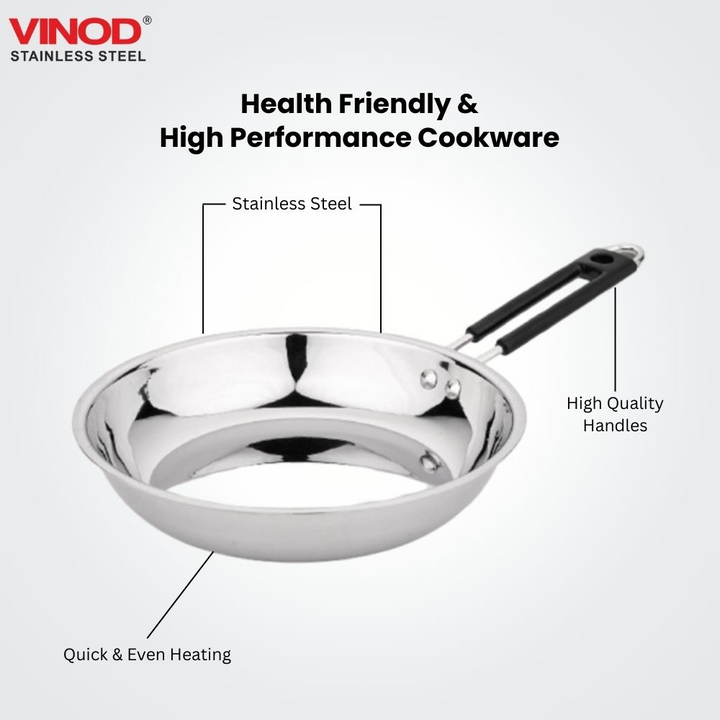 Vinod Stainless Steel Heavy Bottom Royal Fry Pan Dishwasher Safe, Gas Stove & Induction Compatible, Durable, 20 Cm Frying Pan, Soft Touch Handle, Kitchen Utensil