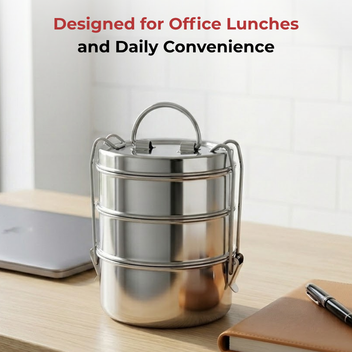 VINOD Stainless Steel Lunch Tiffin 9 Inch - 3 Compartment, Mirror Finish, Tough and Strong Build, Rust Free, Easy to Carry