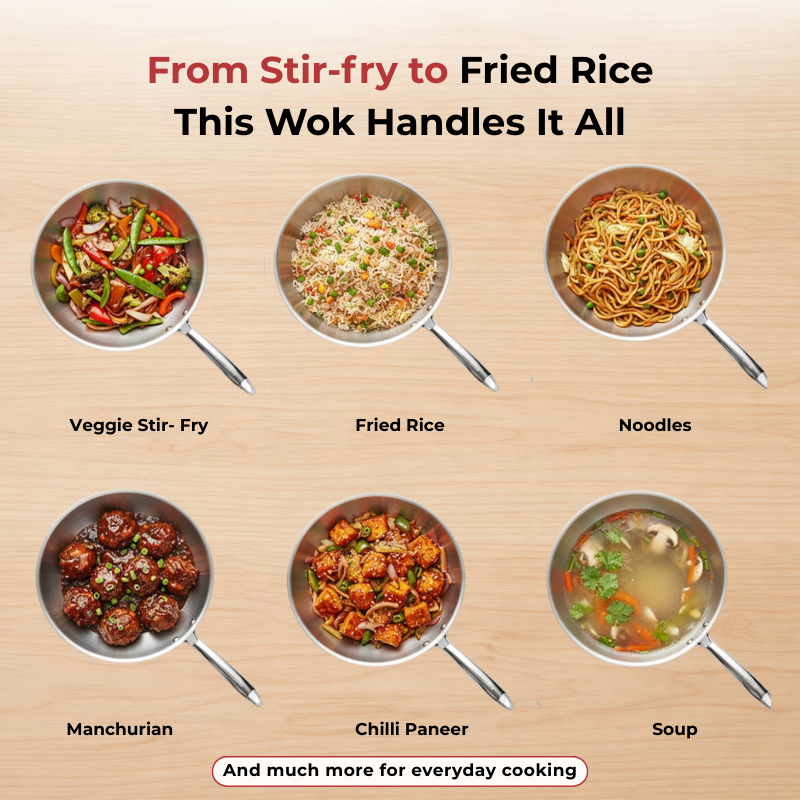 विनोद डोनिव टाइटेनियम ट्रिपली स्टेनलेस स्टील वोक साइड हैंडल के साथ 28 सेमी, क्षमता 4.00 लीटर 