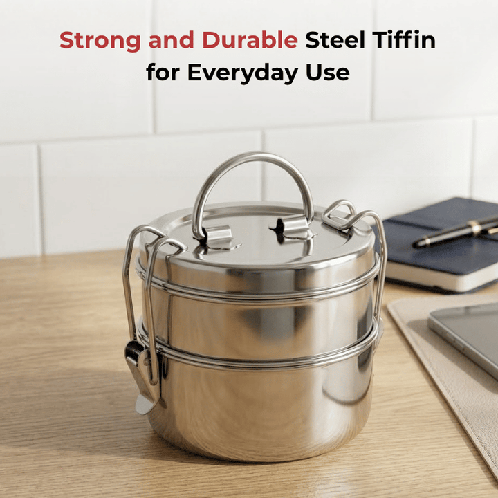 VINOD Stainless Steel Lunch Tiffin with 2 Compartments - 7 Inch Size, Rust Free, Mirror Finish, Tough and Strong Build, Easy to Carry