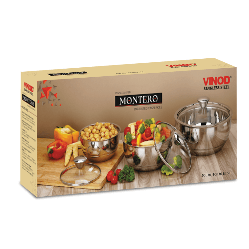 VINOD Stainless Steel Montero Insulated Casserole with Glass Lid & Steel Knob – Set of 3 Pcs – 500 ml, 900 ml &#038; 1500 ml