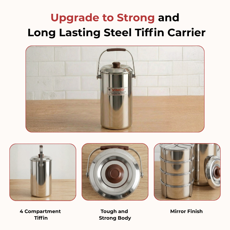 Vinod stainless steel deluxe hot tiffin with 4 compartments, insulated base detail