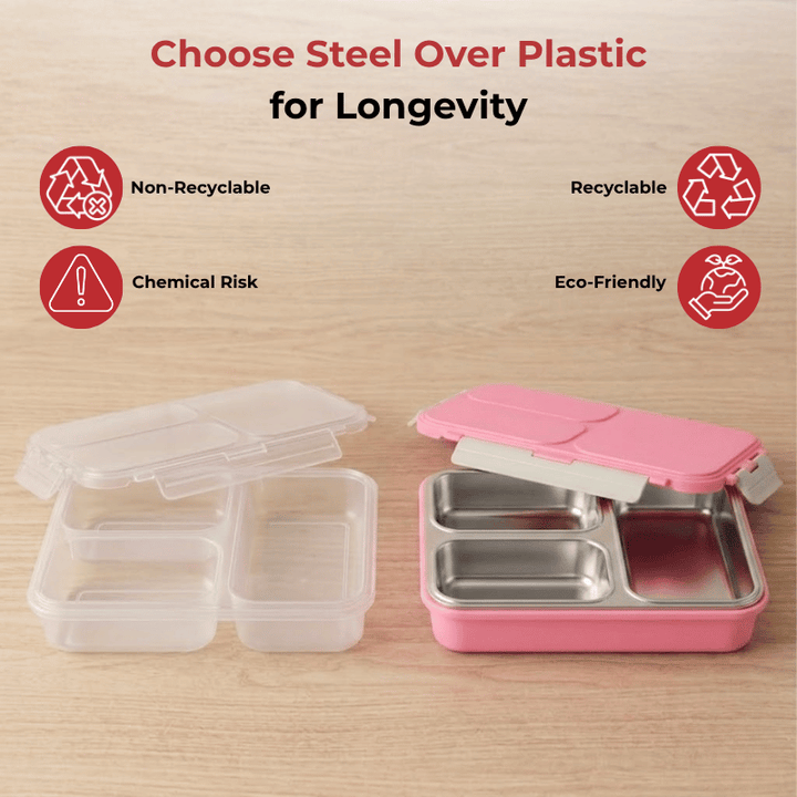 VINOD Stainless Steel Tiffin 3 Compartment Pink, Airtight Silicone-Sealed Lid, Insulated, Food-Grade Steel, Secure Side Clips